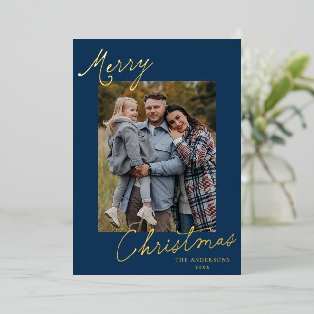 Elegant Merry Christmas Script Navy Photo (Standing Front)