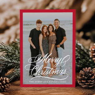 Elegant Merry Christmas Script Red Frame 2 Photo Holiday Card