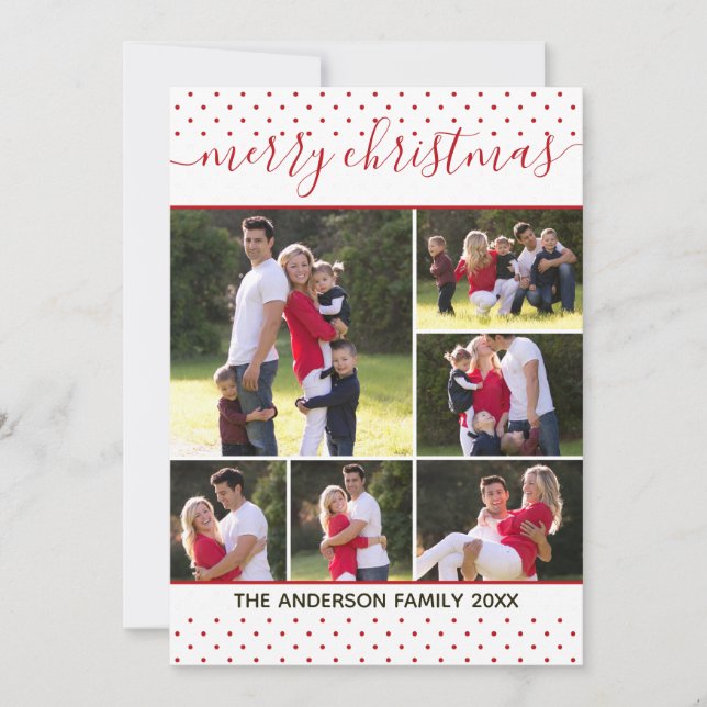 Elegant Merry Christmas Script Red Polka Dot Photo Holiday Card (Front)