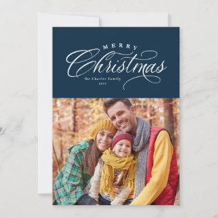 Elegant Merry Christmas script simple navy Holiday Card