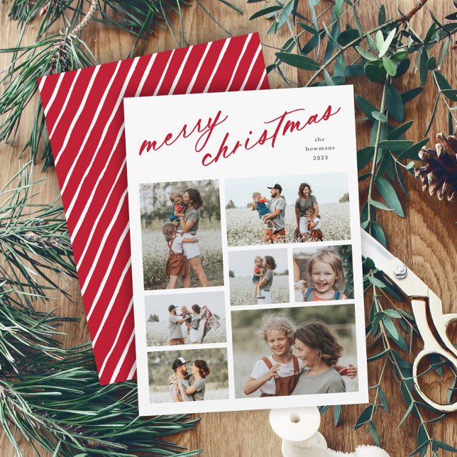 Elegant Merry Christmas Script Typography 7 Photo  Holiday Card (Minimal script merry christmas red and white multi photo collage holiday card with stripe backer.)