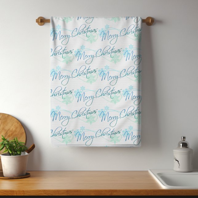 Elegant Merry Christmas Snowflakes Blue Tea Towel (Creator Uploaded)