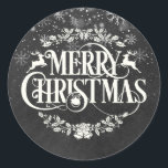 Elegant Merry Christmas Snowflakes Chalkboard Classic Round Sticker<br><div class="desc">Featuring falling snow over an elegant Merry Christmas design on a vintage chalkboard background. Designed by Thisisnotme©</div>