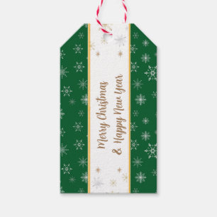 Elegant Merry Christmas Snowflakes on Green Gift Tags
