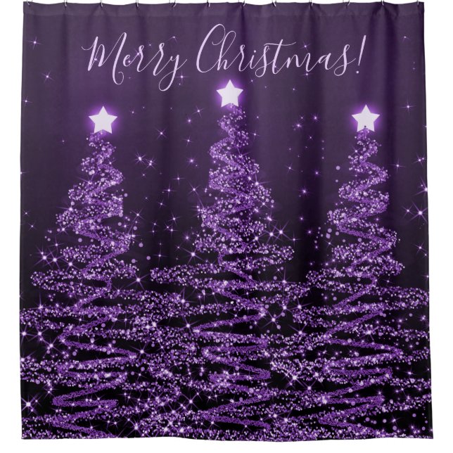 Elegant Merry Christmas Sparkling Trees Purple Shower Curtain (Front)