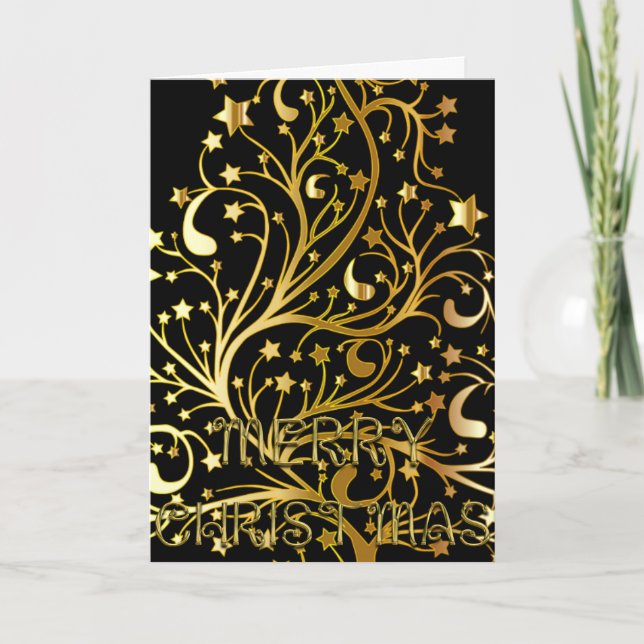 Elegant Merry Christmas Stars Black Gold Shiny Holiday Card (Front)