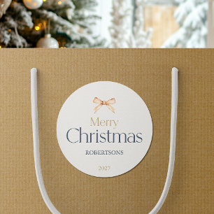 Elegant Merry Christmas Sticker with Gold Bow