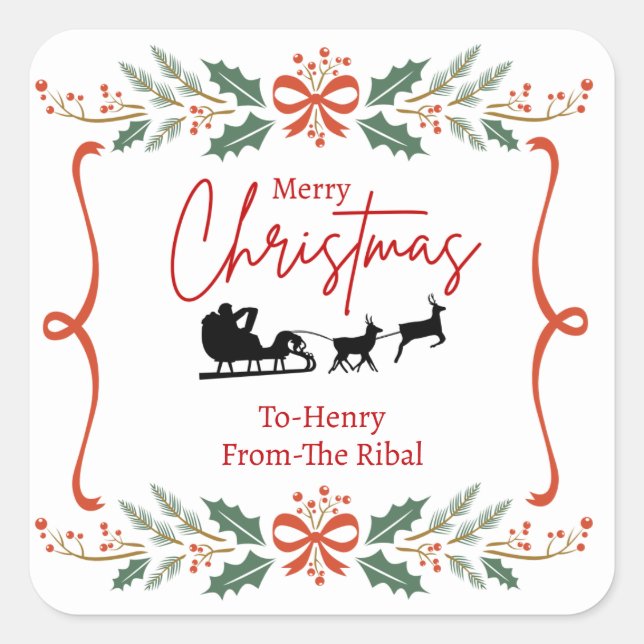 Elegant Merry Christmas Sticker with Santa Sleigh  (Front)