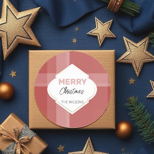 Elegant Merry Christmas Tartan Burgundy Classic Round Sticker