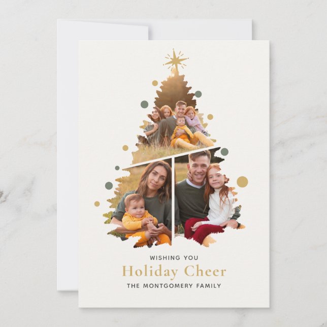 Elegant Merry Christmas Tree 4 Photo Family News  Holiday Card (Front)