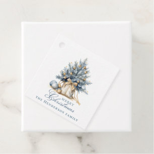 Elegant Merry Christmas Tree Gold Blue Custom Name Favour Tags