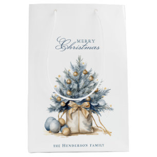 Elegant Merry Christmas Tree Gold Blue Custom Name Medium Gift Bag