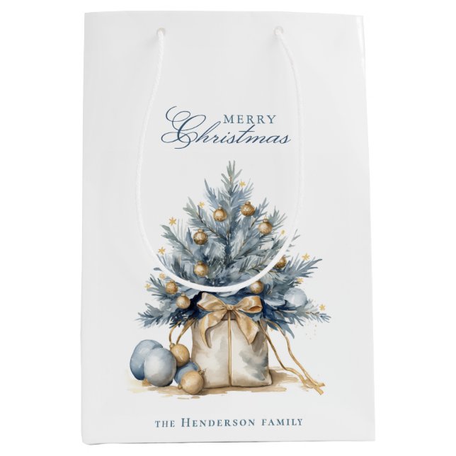 Elegant Merry Christmas Tree Gold Blue Custom Name Medium Gift Bag (Front)