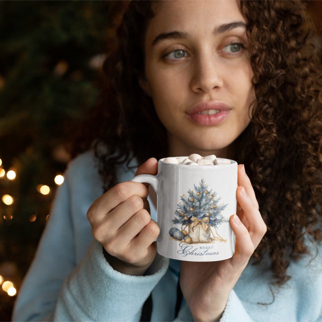 Elegant Merry Christmas Tree Gold Blue Watercolor Coffee Mug (Creator Uploaded)