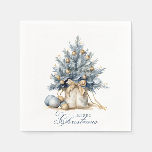 Elegant Merry Christmas Tree Gold Blue Watercolor Napkin (Front)