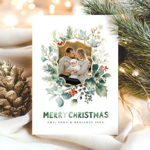 Elegant Merry Christmas Watercolor Greenery  Holiday Card