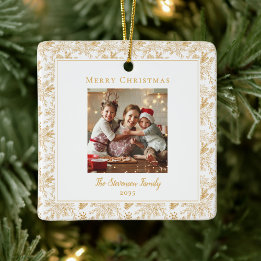 Elegant Merry Christmas White Faux Gold Photo Ceramic Ornament