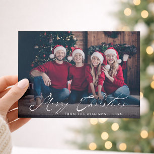 Elegant Merry Christmas White Script Family Photo Holiday Card