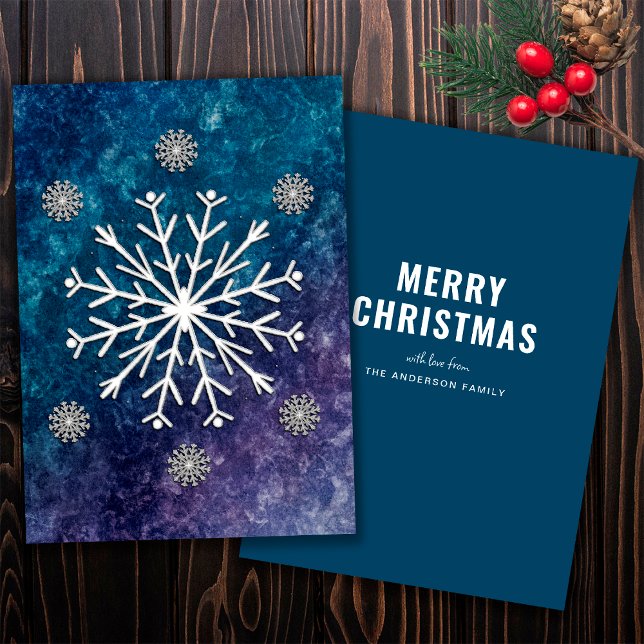 Elegant Merry Christmas White Snowflake Family Holiday Card (Front and Back)