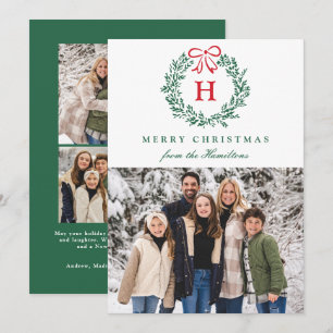 Elegant Merry Christmas Wreath Monogram 4 Photo Holiday Card