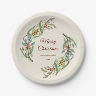 Elegant Merry Christmas Wreath Personalized Name Paper Plate