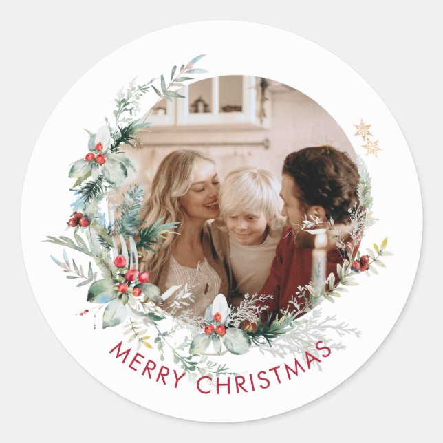 Elegant Merry Christmas wreath photo  Classic Roun Round Sticker (Front)