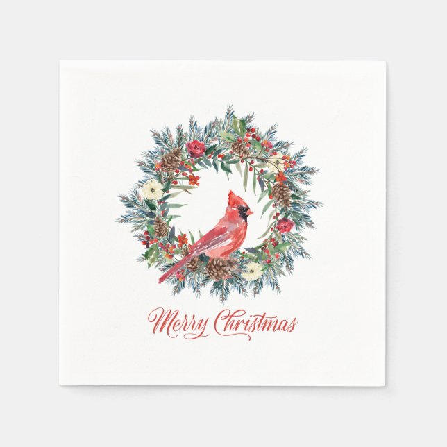 Elegant Merry Christmas Wreath Red Cardinal Napkin (Front)