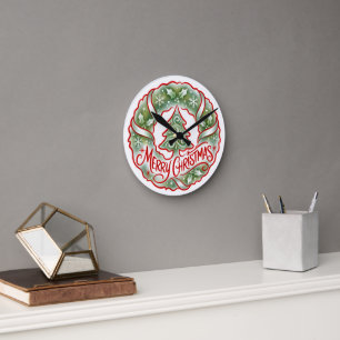 Elegant Merry Christmas Wreath with Holiday Tree Round Clock