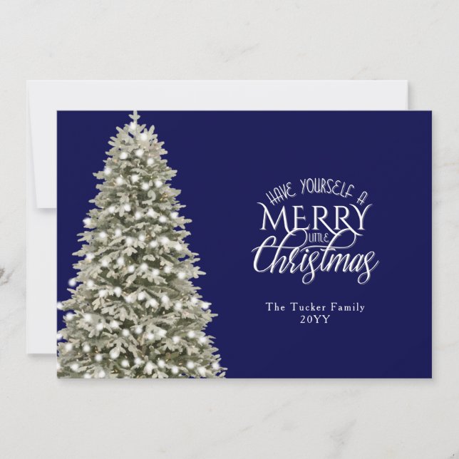 Elegant Merry Little Christmas Tree Blue Plaid Holiday Card (Front)