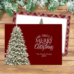 Elegant Merry Little Christmas Tree Plaid Dark Red Holiday Card