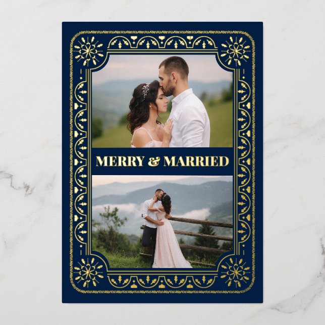 Elegant Merry & Married 2 Photo Custom Gold Foil H (Front)