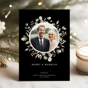 Elegant Merry & Married Botanical Black One Photo Holiday Card