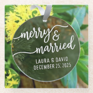Elegant “Merry & Married” Christmas Ornament Glass Coaster
