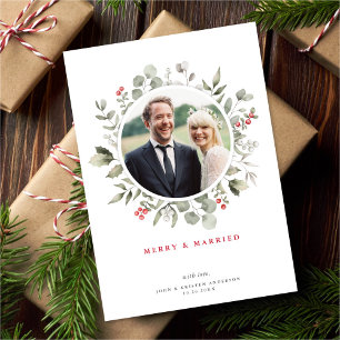 Elegant Merry & Married Greenery Wreath Photo Holiday Card