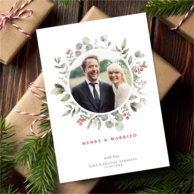 Elegant Merry & Married Greenery Wreath Photo Holiday Card (Creator Uploaded)