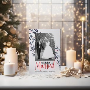 Elegant "Merry & Married" Holiday Wedding Photo Invitation
