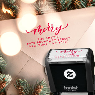 Elegant Merry Script Red Christmas Return Address Self-inking Stamp
