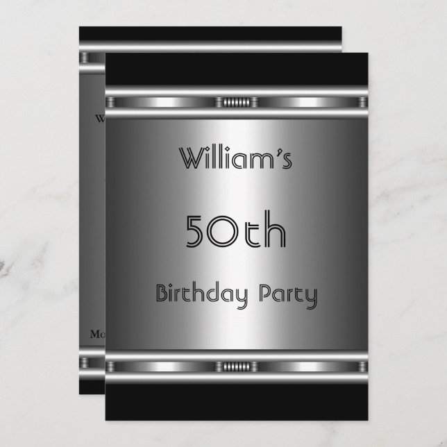 Elegant metal Look Silver Black 50th Birthday Mens Invitation (Front/Back)