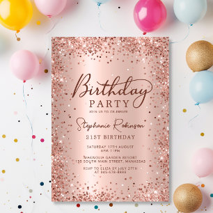 Elegant Metal Rose Gold Glitter 21st Birthday Invitation