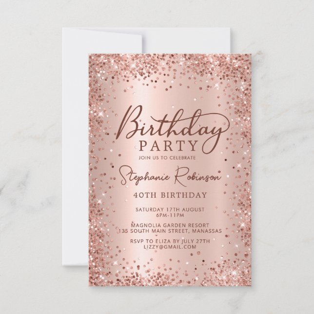 Elegant Metal Rose Gold Glitter 40th Birthday  Invitation (Front)
