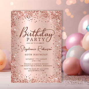 Elegant Metal Rose Gold Glitter 60th Birthday Invitation