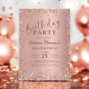 Elegant Metal Rose Gold Glitter 80th Birthday Chic Invitation