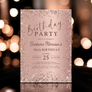 Elegant Metal Rose Gold Glitter 90th Birthday Chic Invitation
