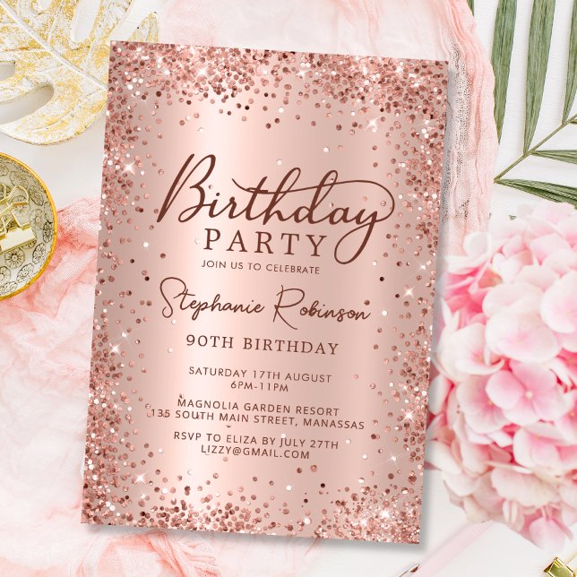Elegant Metal Rose Gold Glitter 90th Birthday  Invitation (Creator Uploaded)