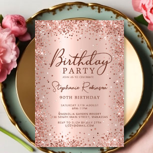 Elegant Metal Rose Gold Glitter 90th Birthday Invitation