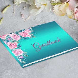 Elegant Metallic Aqua and Pink Roses Guest Book