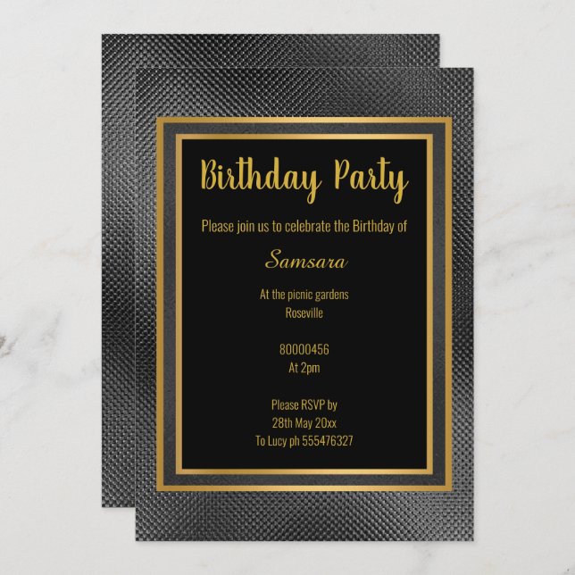 ELEGANT METALLIC BLACK & GOLD EMBOSSED BIRTHDAY 2 INVITATION (Front/Back)