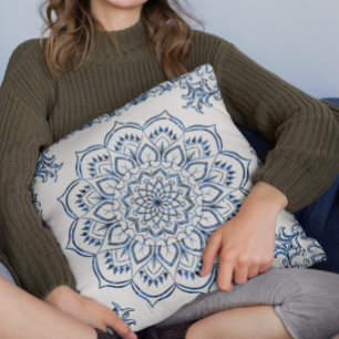 Elegant Metallic Blue Mandala Decorative Cushion