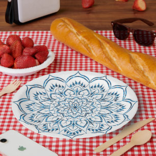 Elegant Metallic Blue Mandala Decorative Paper Plate