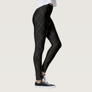 Elegant Metallic Gold Box Stripe Black Leggings